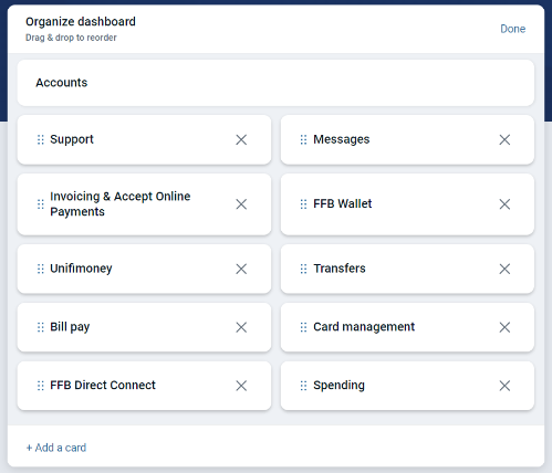 How to organize the online banking dashboard cards example